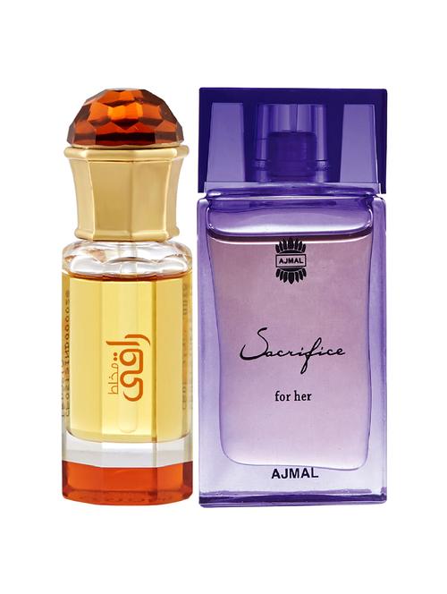 ajmal mukhallat raaqi cp 10ml for unisex and sacrifice for her cp 10ml for women + 2 parfum testers free - 17146878 - Very Small Image - 1