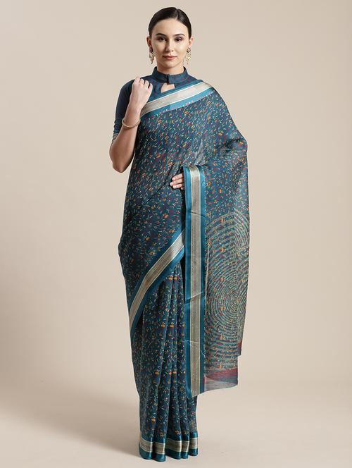 turquoise printed saree with blouse - 17148707 - Very Small Image - 1