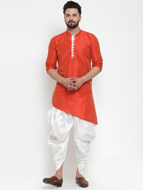 orange solid silk blend dhoti kurta set - 17149672 - Very Small Image - 1