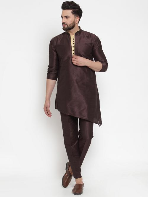 brown silk blend solid kurta pyjama set - 17149757 - Very Small Image - 1