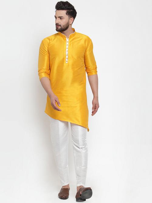 yellow silk blend solid kurta pyjama sett - 17149765 - Very Small Image - 1