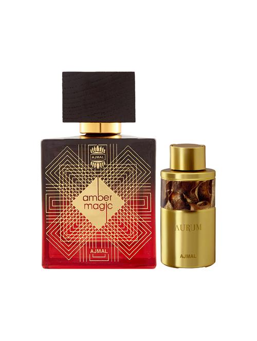 ajmal amber magic edp 100ml for men and aurum concentrated oil alcohol-free attar 10ml for women + 2 parfum testers free - 17149965 - Very Small Image - 1