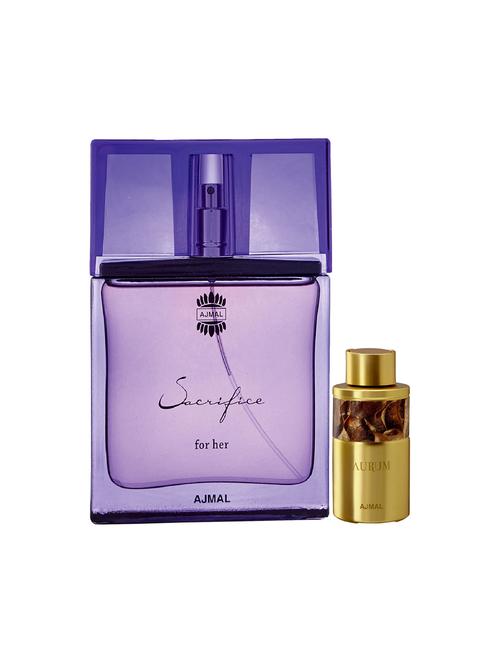 ajmal sacrifice for her edp musky 50ml for women and aurum cp alcohol-free attar 10ml for women + 2 parfum testers free - 17149978 - Very Small Image - 1