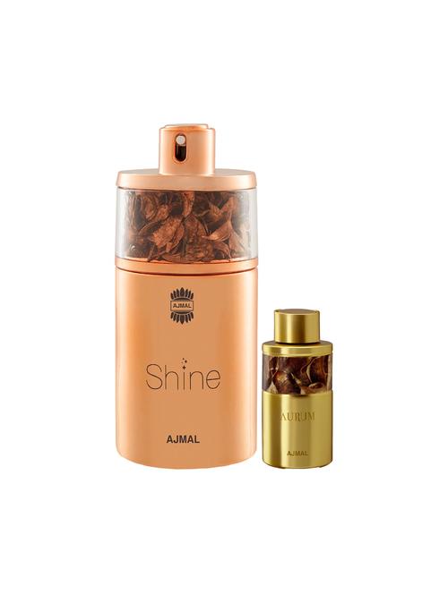 ajmal shine edp powdery 75ml for women and aurum concentrated oil alcohol-free attar 10ml for women + 2 parfum testers free - 17149980 - Very Small Image - 1