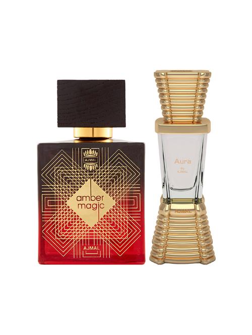 ajmal amber magic edp 100ml for men and aura concentrated oil alcohol-free attar 10ml for unisex + 2 parfum testers free - 17149996 - Very Small Image - 1