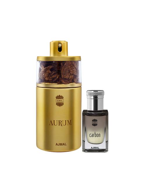 ajmal aurum edp 75ml for women and carbon concentrated oil spicy alcohol-free attar 10ml for men + 2 parfum testers free - 17150075 - Very Small Image - 1