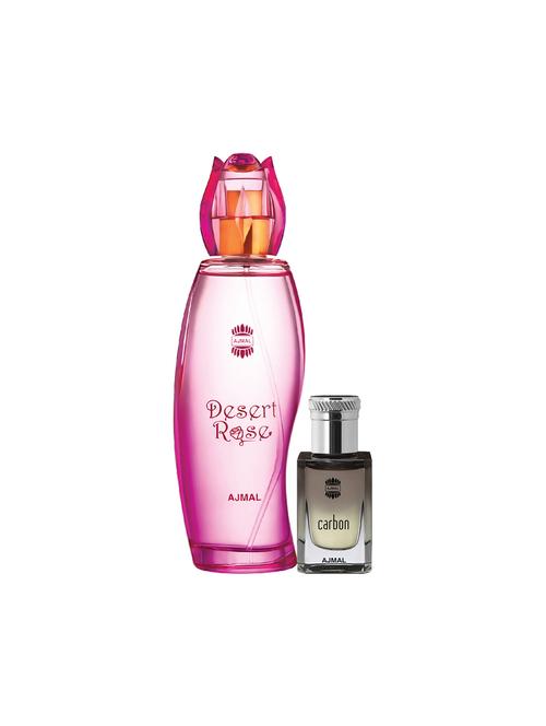 ajmal desert rose edp 100ml for women and carbon cp alcohol-free attar 10ml for men + 2 parfum testers free - 17150091 - Very Small Image - 1