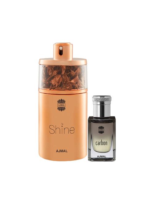 ajmal shine edp powdery 75ml for women and carbon concentrated oil alcohol-free attar 10ml for men + 2 parfum testers free - 17150103 - Very Small Image - 1