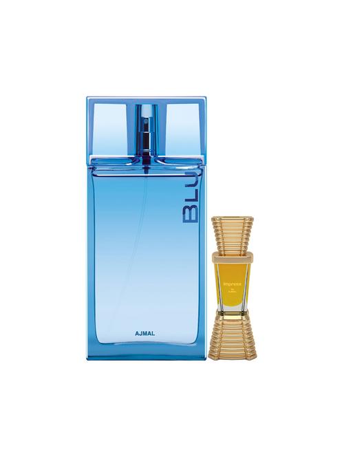 ajmal blu edp 90ml for men and impress concentrated oil alcohol-free attar 10ml for men + 2 parfum testers free - 17150108 - Very Small Image - 1