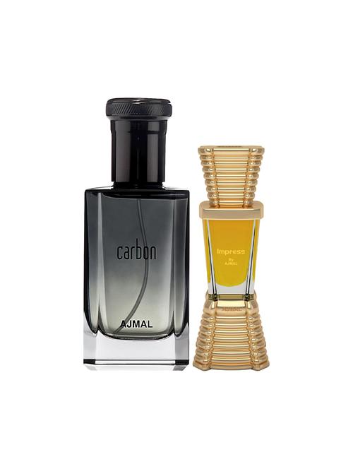 ajmal carbon edp spicy 100ml for men and impress concentrated oil alcohol-free attar 10ml for men + 2 parfum testers free - 17150110 - Very Small Image - 1