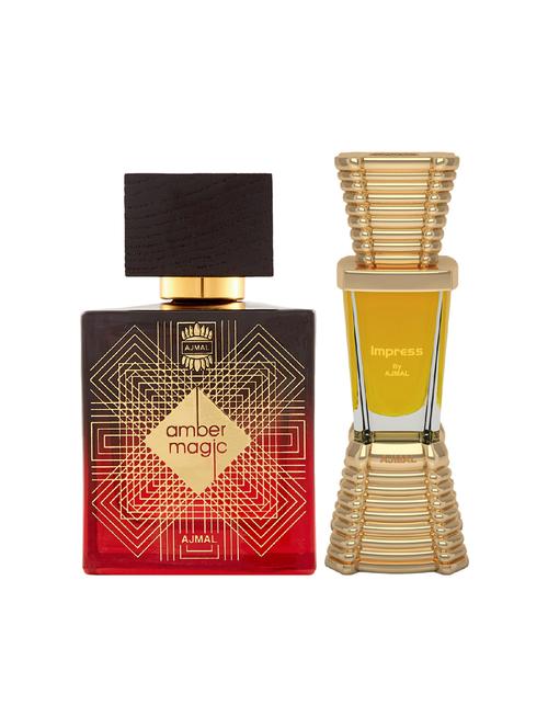 ajmal amber magic edp 100ml for men and impress concentrated oil alcohol-free attar 10ml for men + 2 parfum testers free - 17150119 - Very Small Image - 1