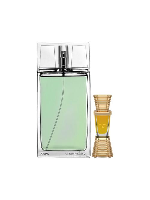 ajmal chemystery edp spicy 90ml for men and impress concentrated oil alcohol-free attar 10ml for men + 2 parfum testers free - 17150121 - Very Small Image - 1