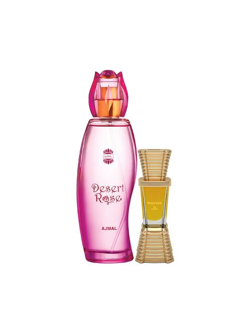 ajmal desert rose edp 100ml for women and impress cp alcohol-free attar 10ml for men + 2 parfum testers free - 17150122 - Very Small Image - 1