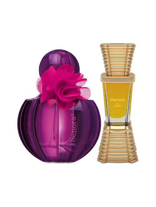 ajmal senora edp spicy 75ml for women and impress concentrated oil alcohol-free attar 10ml for men + 2 parfum testers free - 17150126 - Very Small Image - 1