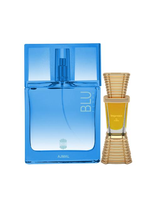 ajmal blu femme edp 50ml for women and impress concentrated oil alcohol-free attar 10ml for men + 2 parfum testers free - 17150131 - Very Small Image - 1