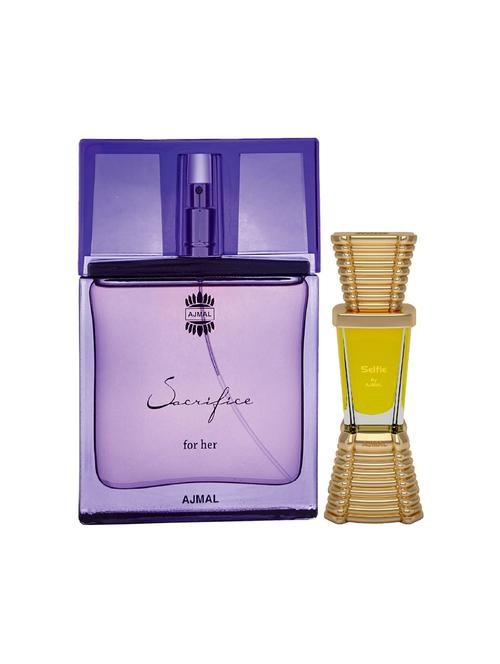 ajmal sacrifice for her edp musky 50ml for women and selfie cp alcohol-free attar 10ml for men + 2 parfum testers free - 17150163 - Very Small Image - 1