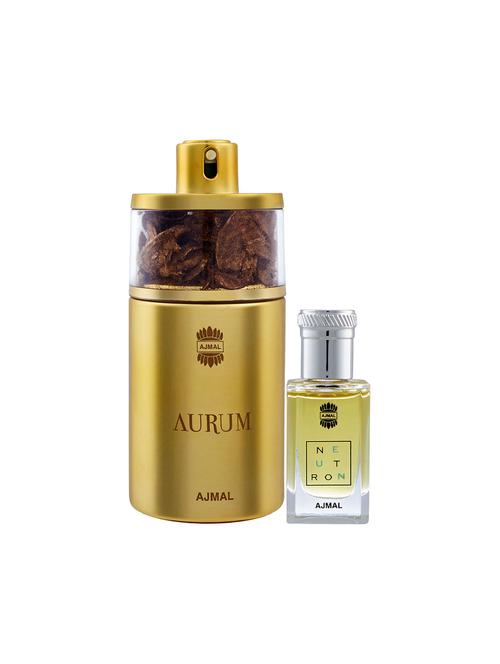 ajmal aurum edp 75ml for women and neutron concentrated oil alcohol-free attar 10ml for men + 2 parfum testers free - 17150168 - Very Small Image - 1