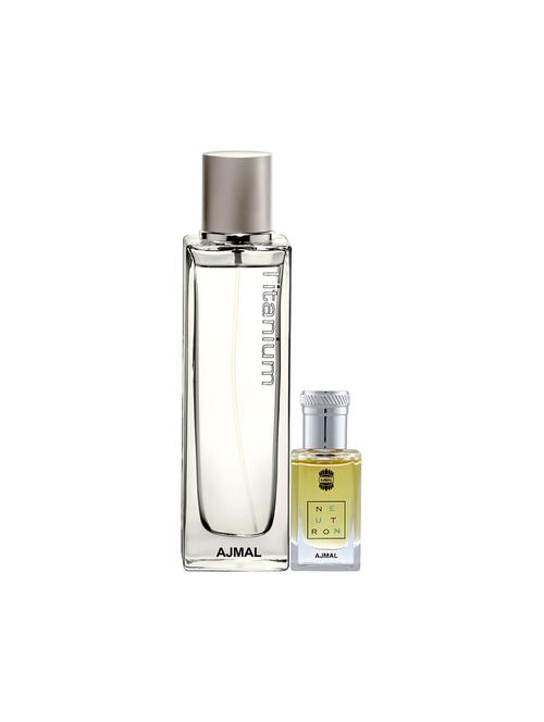 ajmal titanium edp spicy 100ml for men and neutron concentrated oil alcohol-free attar 10ml for men + 2 parfum testers free - 17150177 - Very Small Image - 1