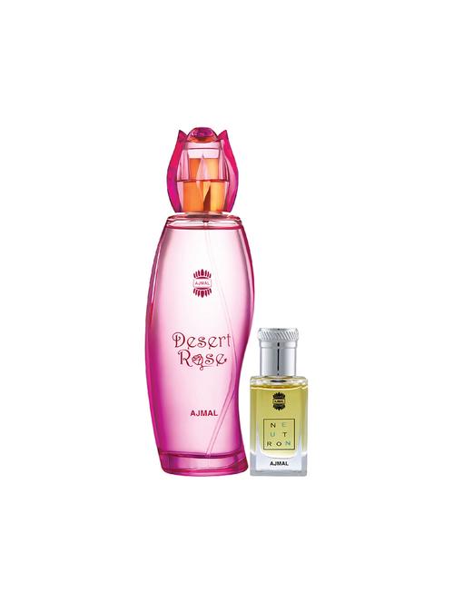 ajmal desert rose edp 100ml for women and neutron cp alcohol-free attar 10ml for men + 2 parfum testers free - 17150184 - Very Small Image - 1