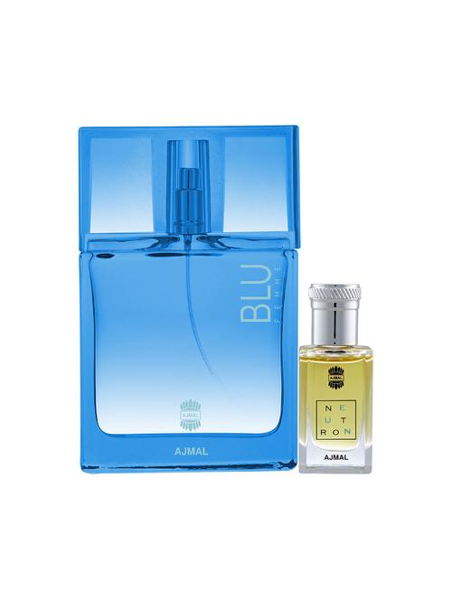 ajmal blu femme edp 50ml for women and neutron concentrated oil alcohol-free attar 10ml for men + 2 parfum testers free - 17150193 - Very Small Image - 1