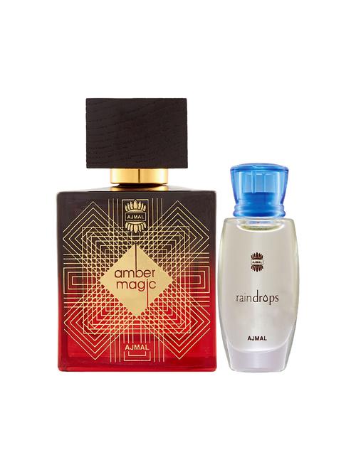 ajmal amber magic edp 100ml for men and raindrops concentrated oil alcohol-free attar 10ml for women + 2 parfum testers free - 17150212 - Very Small Image - 1