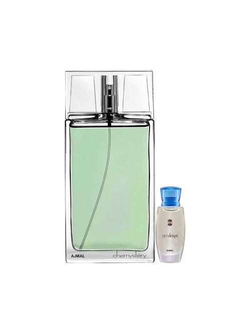 ajmal chemystery edp 90ml for men and raindrops concentrated oil alcohol-free attar 10ml for women + 2 parfum testers free - 17150214 - Very Small Image - 1