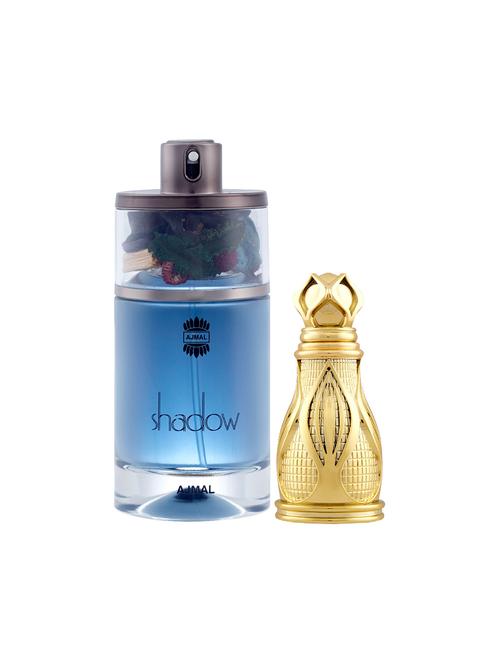 ajmal shadow him edp 75ml for men and khofooq cp oudhy alcohol-free attar 18ml for unisex + 2 parfum testers free - 17150257 - Very Small Image - 1