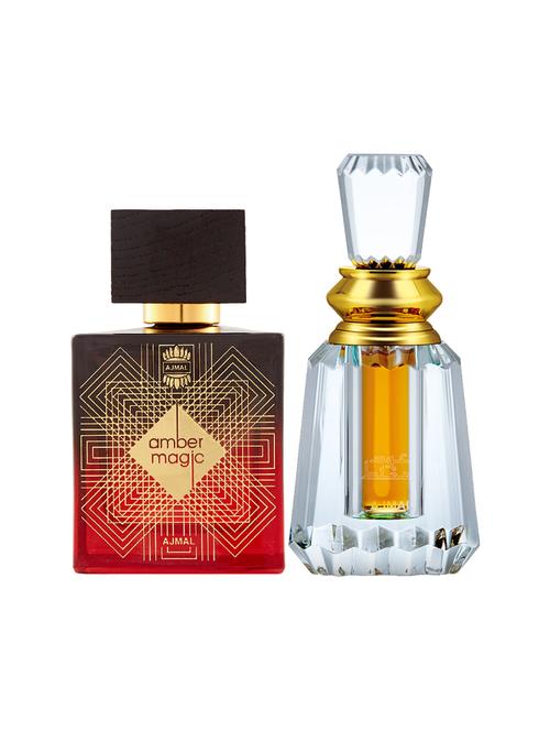 ajmal amber magic edp 100ml for men and oudh mukhallat cp oudhy alcohol-free attar 6ml for unisex + 2 parfum testers free - 17150274 - Very Small Image - 1