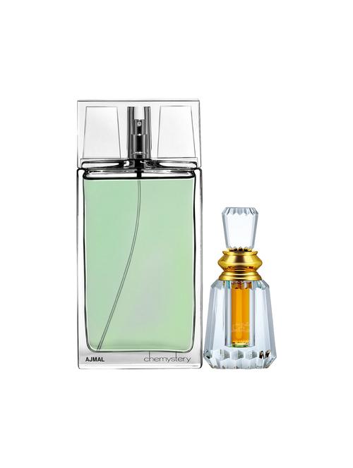 ajmal chemystery edp 90ml for men and oudh mukhallat cp oudhy alcohol-free attar 6ml for unisex + 2 parfum testers free - 17150276 - Very Small Image - 1