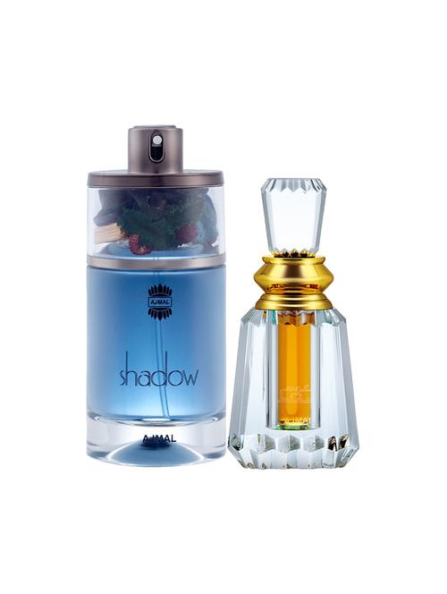 ajmal shadow him edp 75ml for men and oudh mukhallat cp oudhy alcohol-free attar 6ml for unisex + 2 parfum testers free - 17150288 - Very Small Image - 1