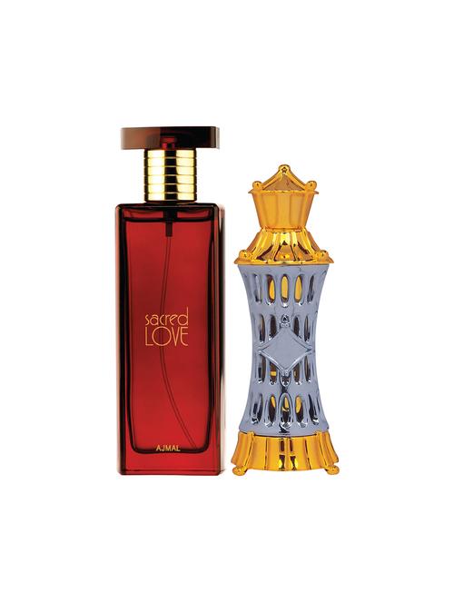 ajmal sacred love edp musky 50ml for women and mizyaan cp musky alcohol-free attar 14ml for unisex + 2 parfum testers free - 17150330 - Very Small Image - 1
