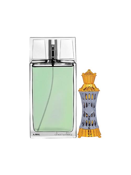 ajmal chemystery edp 90ml for men and mizyaan cp musky alcohol-free attar 14ml for unisex + 2 parfum testers free - 17150338 - Very Small Image - 1