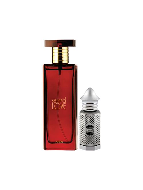 ajmal sacred love edp musky 50ml for women and asher cp alcohol-free attar 12ml for unisex + 2 parfum testers free - 17150361 - Very Small Image - 1