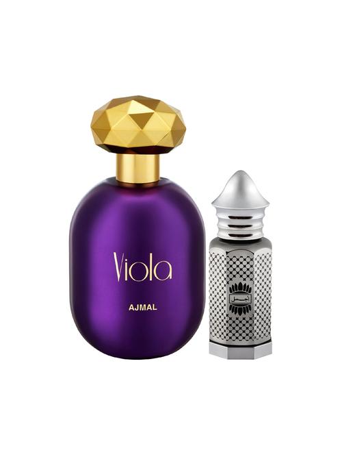 ajmal viola edp 75ml for women and asher concentrated oil oriental alcohol-free attar 12ml for unisex + 2 parfum testers free - 17150375 - Very Small Image - 1