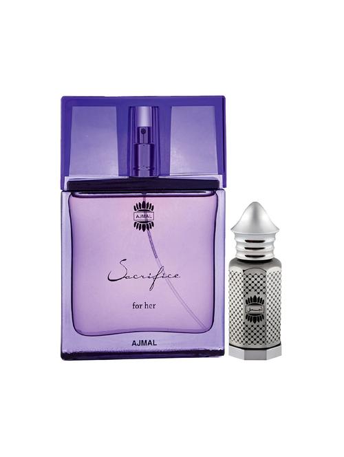 ajmal sacrifice for her edp musky 50ml for women and asher cp alcohol-free attar 12ml for unisex + 2 parfum testers free - 17150380 - Very Small Image - 1