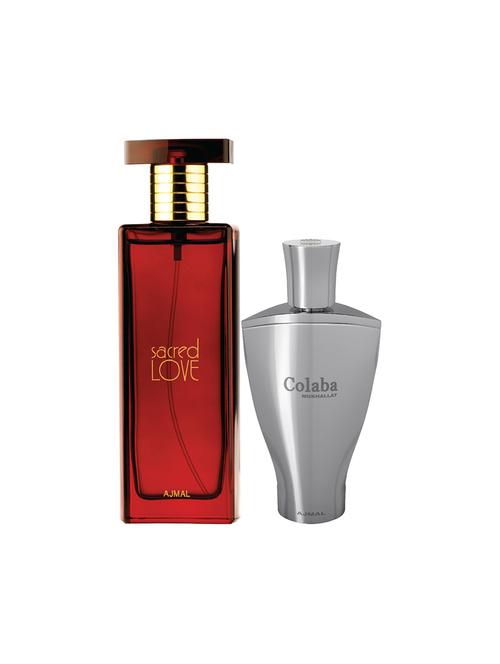 ajmal sacred love edp musky 50ml for women and colaba mukhallat cp alcohol-free attar 14ml for unisex + 2 parfum testers free - 17150392 - Very Small Image - 1