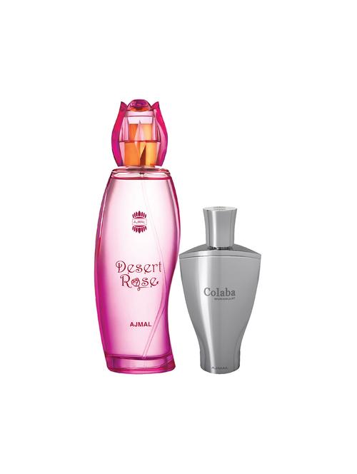 ajmal desert rose edp 100ml for women and colaba mukhallat cp alcohol-free attar 14ml for unisex + 2 parfum testers free - 17150401 - Very Small Image - 1