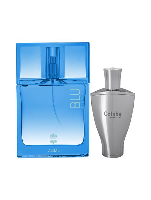 ajmal blu femme edp 50ml for women and colaba mukhallat cp alcohol-free attar 14ml for unisex + 2 parfum testers free - 17150410 - Very Small Image - 1