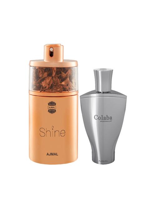 ajmal shine edp 75ml for women and colaba mukhallat cp alcohol-free attar 14ml for unisex + 2 parfum testers free - 17150413 - Very Small Image - 1