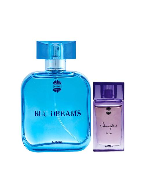 ajmal blu dreams edp citurs 100ml for men and sacrifice for her cp alcohol-free attar 10ml for women + 2 parfum testers free - 17150417 - Very Small Image - 1