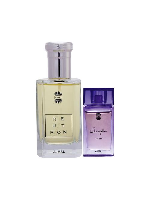 ajmal neutron edp 100ml for men and sacrifice for her cp musky alcohol-free attar 10ml for women + 2 parfum testers free - 17150421 - Very Small Image - 1