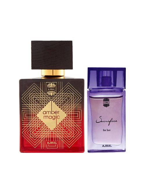 ajmal amber magic edp 100ml for men and sacrifice for her cp musky alcohol-free attar 10ml for women + 2 parfum testers free - 17150429 - Very Small Image - 1