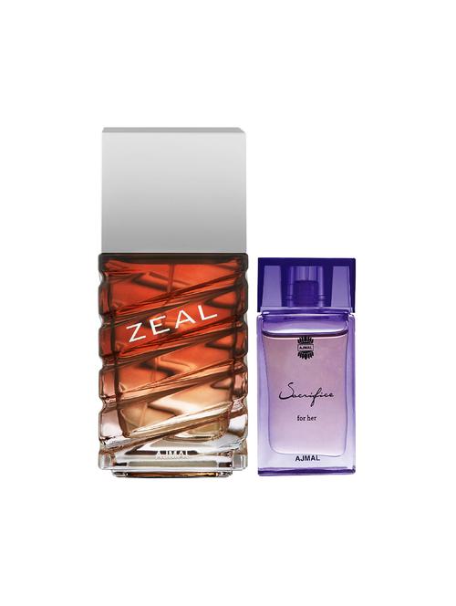 ajmal zeal edp 100ml for men and sacrifice for her cp musky alcohol-free attar 10ml for women + 2 parfum testers free - 17150439 - Very Small Image - 1