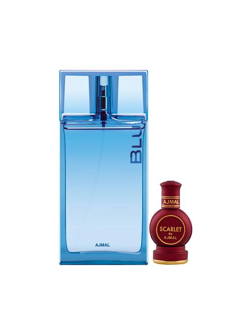 ajmal blu edp 90ml for men and scarlet concentrated oil oriental alcohol-free attar 12ml for unisex + 2 parfum testers free - 17150480 - Very Small Image - 1