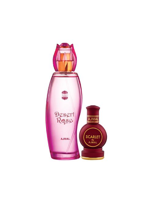 ajmal desert rose edp 100ml for women and scarlet cp alcohol-free attar 12ml for unisex + 2 parfum testers free - 17150494 - Very Small Image - 1