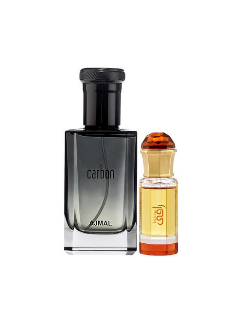ajmal carbon edp 100ml for men and mukhallat raaqi cp alcohol-free attar 10ml for unisex + 2 parfum testers free - 17150513 - Very Small Image - 1