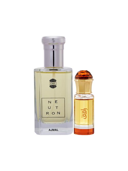 ajmal neutron edp 100ml for men and mukhallat raaqi cp alcohol-free attar 10ml for unisex + 2 parfum testers free - 17150514 - Very Small Image - 1