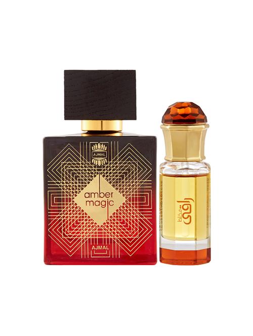 ajmal amber magic edp 100ml for men and mukhallat raaqi cp alcohol-free attar 10ml for unisex + 2 parfum testers free - 17150522 - Very Small Image - 1