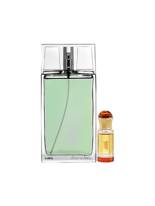 ajmal chemystery edp 90ml for men and mukhallat raaqi cp alcohol-free attar 10ml for unisex + 2 parfum testers free - 17150524 - Very Small Image - 1