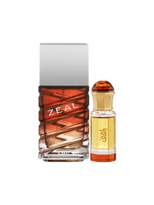 ajmal zeal edp 100ml for men and mukhallat raaqi concentrated oil alcohol-free attar 10ml for unisex + 2 parfum testers free - 17150532 - Very Small Image - 1